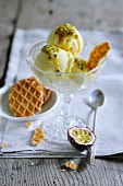 Passion fruit ice cream with wafers