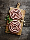 Sausage spirals on a chopping board