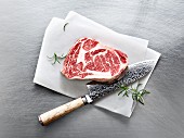 Wagyu ribeye steak with rosemary and a knife on a piece of parchment paper