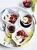 Red berries with honey caramel, pistachios and vanilla yoghurt