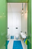 View through green, glossy door frame into narrow toilet with mirrored wall