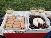 A picnic with wraps, dates, cheese and wine