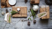 Natural gift-wrap ideas using bark, pine needles and cones