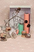 Craft materials and festive decorative ideas in pastel and copper shades