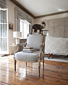 Cat balanced on backrest of Baroque armchair in luxurious interior