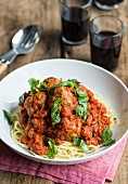 Spaghetti with beef meatballs in tomato sauce