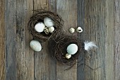 Two Easter nests with various eggs on a wooden table