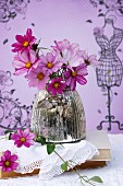 Bouquet of pink cosmos in silvered glass vase