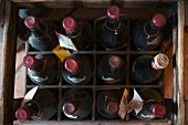 A crate of old wine bottles (seen from above)