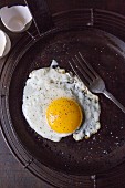 A fried egg in a frying pan with a fork (seen above)