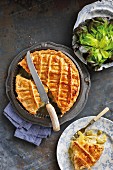 Vegetable pie with leek, potatoes and Cheddar cheese