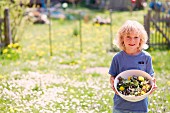 Junge mit einer Schüssel voller Gartenkräuter und Essblüten in sonnigem Garten