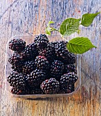 Blackberries and blackberry leaves in a plastic punnet