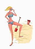 Frau in Bikini hat Mann im Sand eingegraben (Illustration)