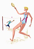 A couple playing tennis on a beach (illustration)