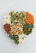 Hand-made, heart-shaped arrangement of chrysanthemums, hydrangeas and berries