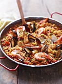 Paella with prawns, mussels and fish