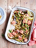 Pasta with marinated salmon and vegetables