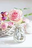 Pale rose in mercury silver vase
