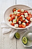 Watermelon and feta cheese salad with a lime dressing
