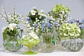 Arrangement of tiny vases of spring flowers on table