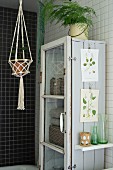 Macrame plant hanger next to rustic display case with botanical illustrations attached to side