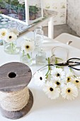 White gerbera daisies, small glass vases, vintage reel of string and garden scissors
