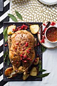 Roast duck with a spicy orange and raspberry sauce (seen from above)