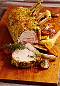 A crown of veal with a herb crust