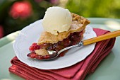 Strawberry and rhubarb pie with vanilla ice cream