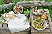 An arrangement of freshly picked mushrooms and a mushrooms dish outside on a wooden crate