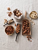 Various nuts on a white linen cloth