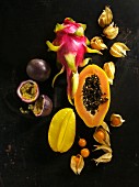 Exotic fruit on a black surface