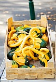 Green and yellow ornamental squash in a wooden crate