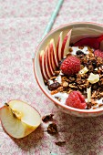 A bowl of muesli with yoghurt, raspberries and apple