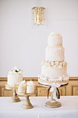 A wedding cake on a restaurant table
