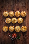 Moroccan chicken pies with ajvar (seen from above)