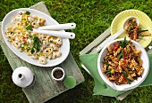Tortellini salad and fiery pasta salad for a barbecue party