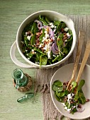 Baby spinach salad with feta cheese and bacon