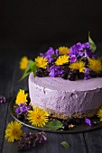 Blueberry cheesecake with dandelions and violets
