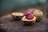 Sri Lankan nutmegs, whole and halved