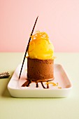 Blood orange sorbet with saffron and chocolate soufflé