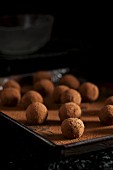 A tray of chocolate truffles being rolled in cocoa powder