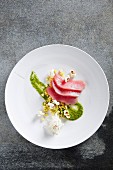Tuna fish sashimi with sweetcorn salsa and green sauce