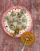 Vegan kale and sesame seed balls with a chilli dip from Asia