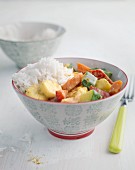 Colourful vegetable and banana curry with rice