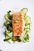 Fried salmon with fresh ginger on a cucumber salad
