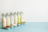 Various types of milk substitutes in bottles with their ingredients: almond milk, rice milk, coconut milk, oat milk, Edamame milk and soya milk