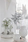 White Christmas arrangement with fir branch under glass cover