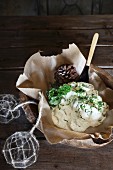 Christmas in a wine cellar: potato salad with mayonnaise and herbs